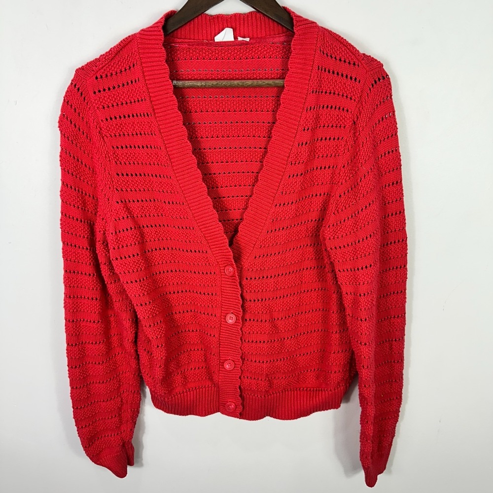Gap‎ Open Knit Cardigan Sweater Womens Medium Red Cotton Preppy Cottage Chic